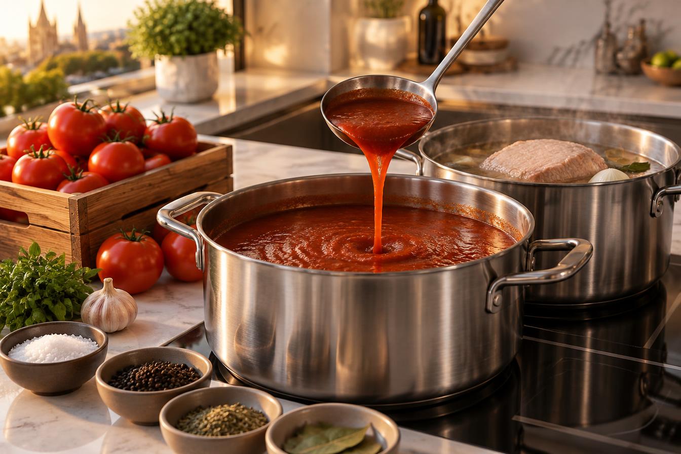 Salsa de jitomate y lomo de cerdo preparándose en ollas de acero inoxidable dentro de una cocina moderna