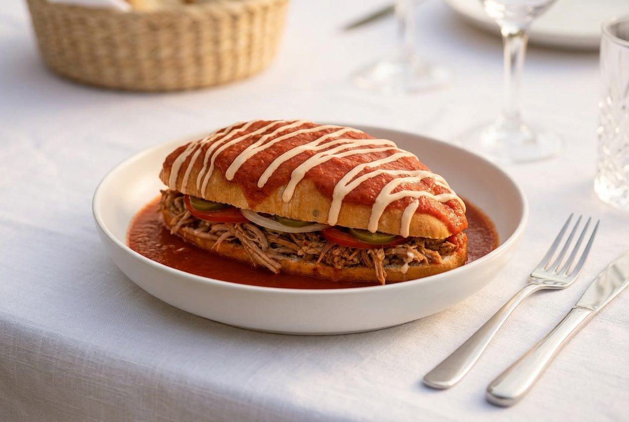 Lonche bañado con salsa de jitomate y salsa cremosa, servido en vajilla blanca elegante