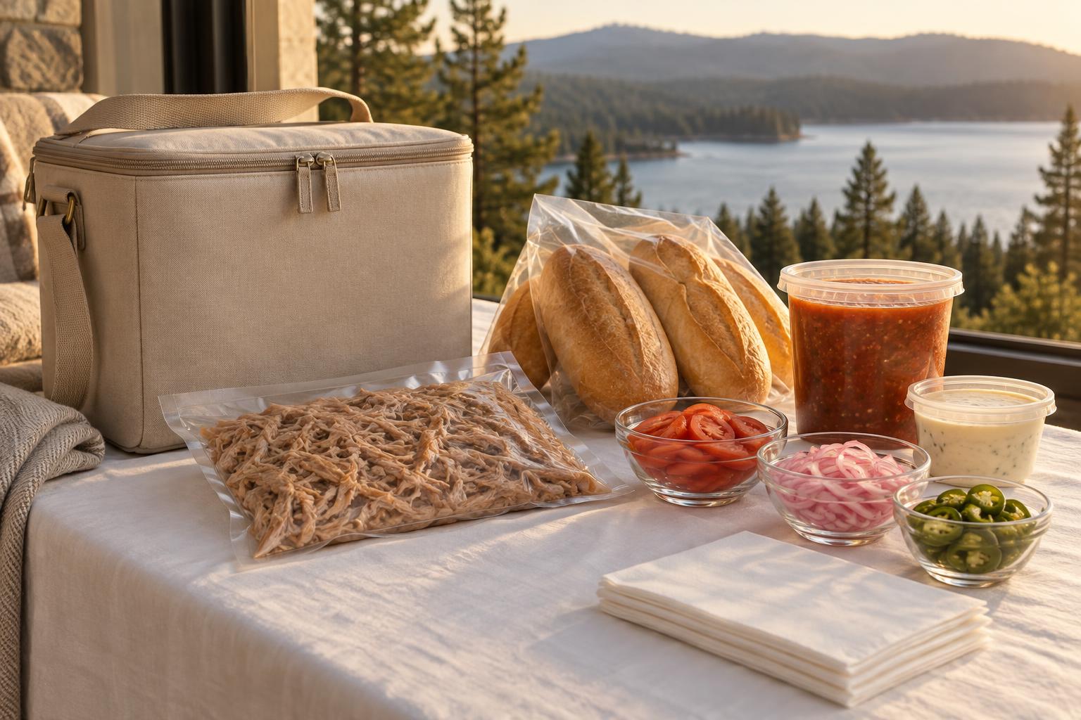 Kit de fin de semana: lomo deshebrado, bolillos, salsa de jitomate en recipiente de 1 litro o congelada, salsa cremosa, toppings y servilletas junto a una hielera elegante y una ventana con vista a bosque o mar